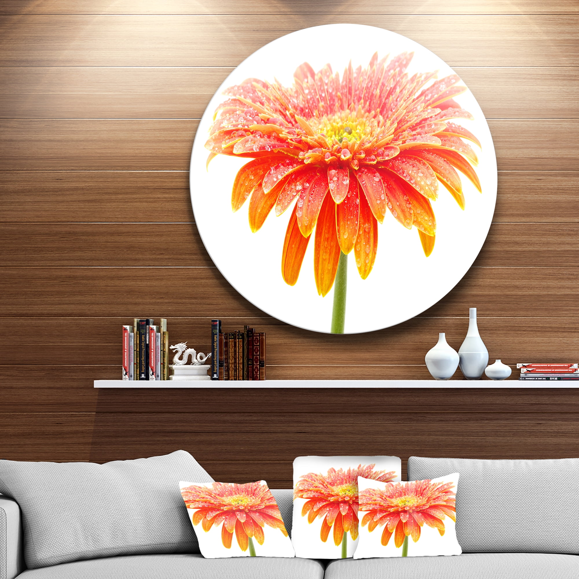 Designart 'Large Orange Gerbera on White' Disc Floral Circle Metal Wall Decor