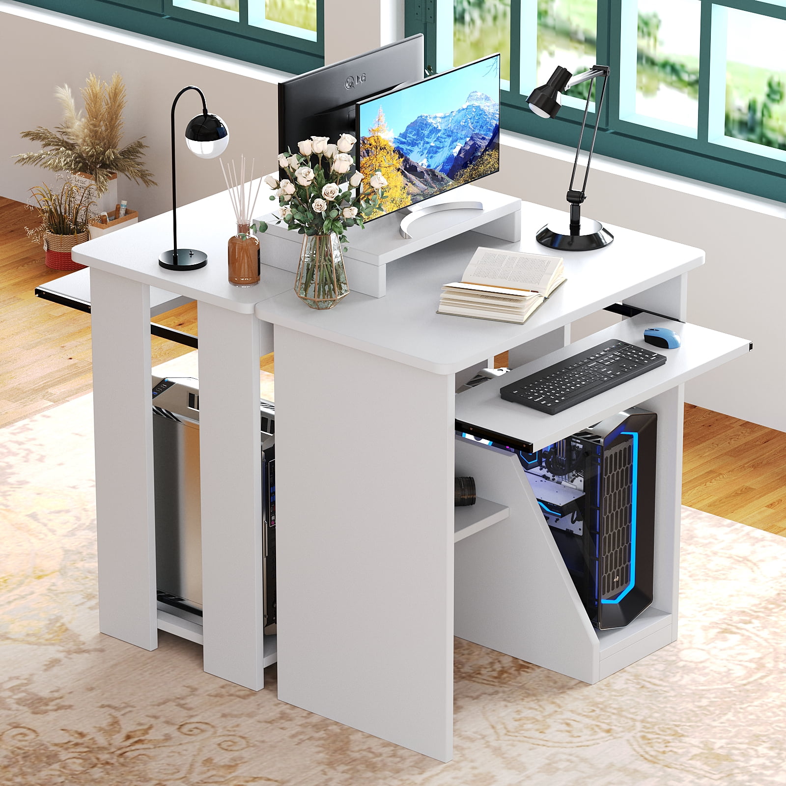 ALISENED Computer Desk with Monitor Stand Keyboard Tray, 29.5 inch Sturdy Desk with Storage Shelves