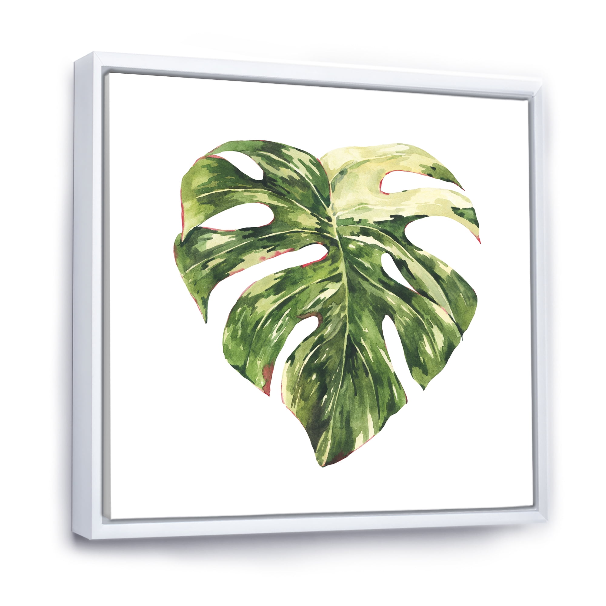 Designart 'Tropical Green Leaves On White In Summer Times III' Tropical Framed Canvas Wall Art Print