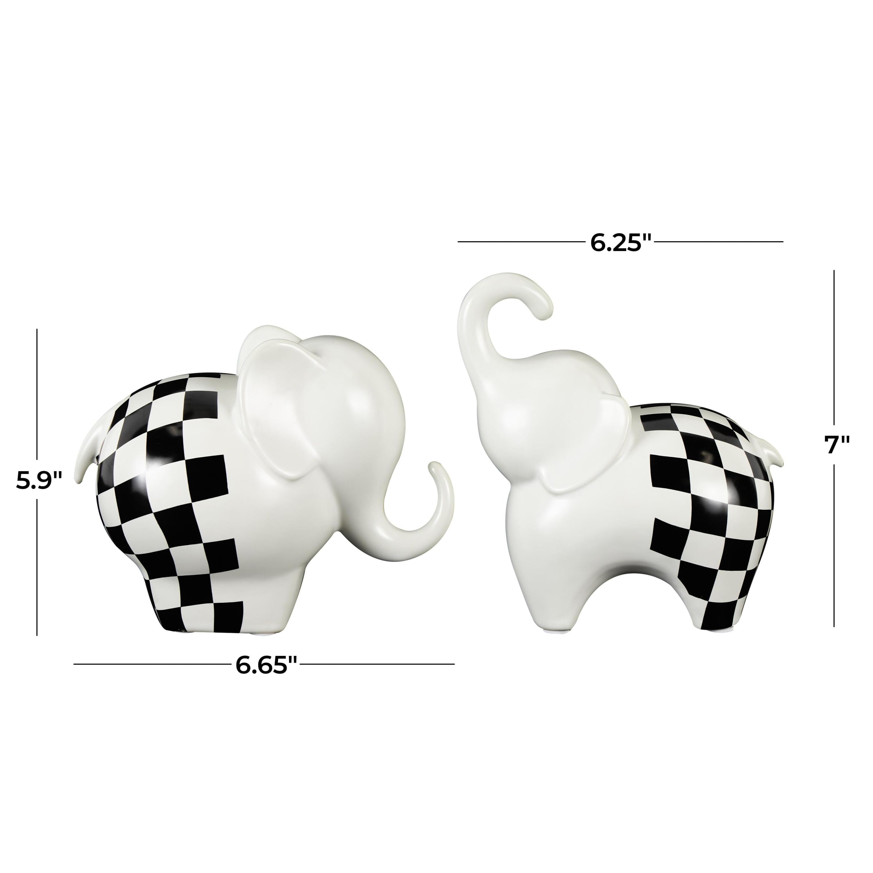 6", 7"H White Ceramic Small Elephant Sculpture with Checkered Pattern, by DecMode (2 Count)