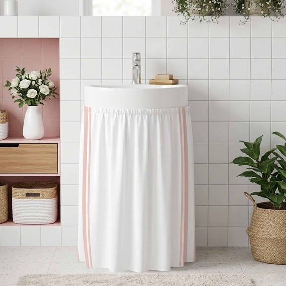 Small Cabinet Curtain 10''W x 11''L, Pink Striped Under Sink Cover Drapes, Modern White Striped Abstract Art Aesthetics Self Adhesive Cabinet Skirt for Kitchen/Bathroom Vanity/Laundry Room/Open Shelf
