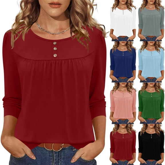 UVEASISHA Womens 3/4 Sleeve Shirt Henley Neck Pleated Tops Solid Color Tunic Shirts Spring Summer Trendy Tee Shirts Dressy Casual Blouses L