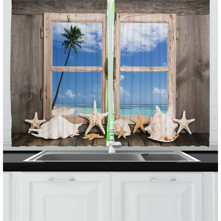 Seashells Window Windows - Beach Curtains 2 Panels Set, Summer Holiday wih Seashells Starfish and Palm Tree Ocean Print, Window Drapes for Living Room Bedroom, 55W X 39L Inches, Pale Brown Sky Blue and White, by Ambesonne