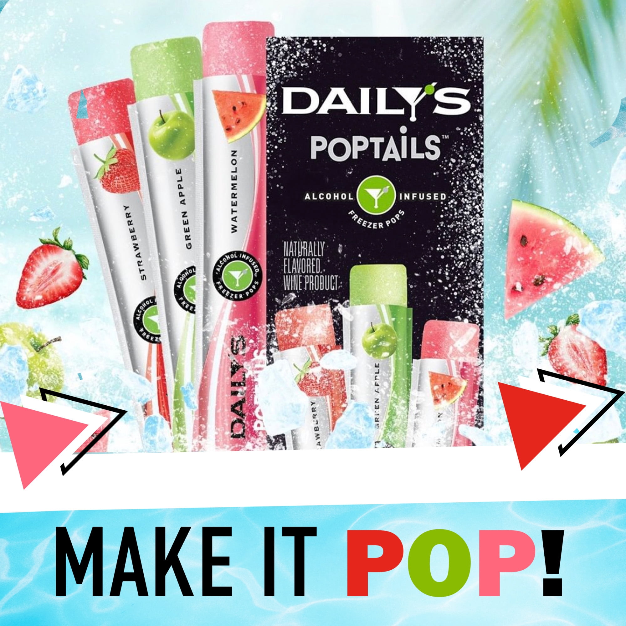 Daily's Poptails Alcohol Infused Freezer Pops Variety Pack, Strawberry, Green Apple and Watermelon, 12 Count