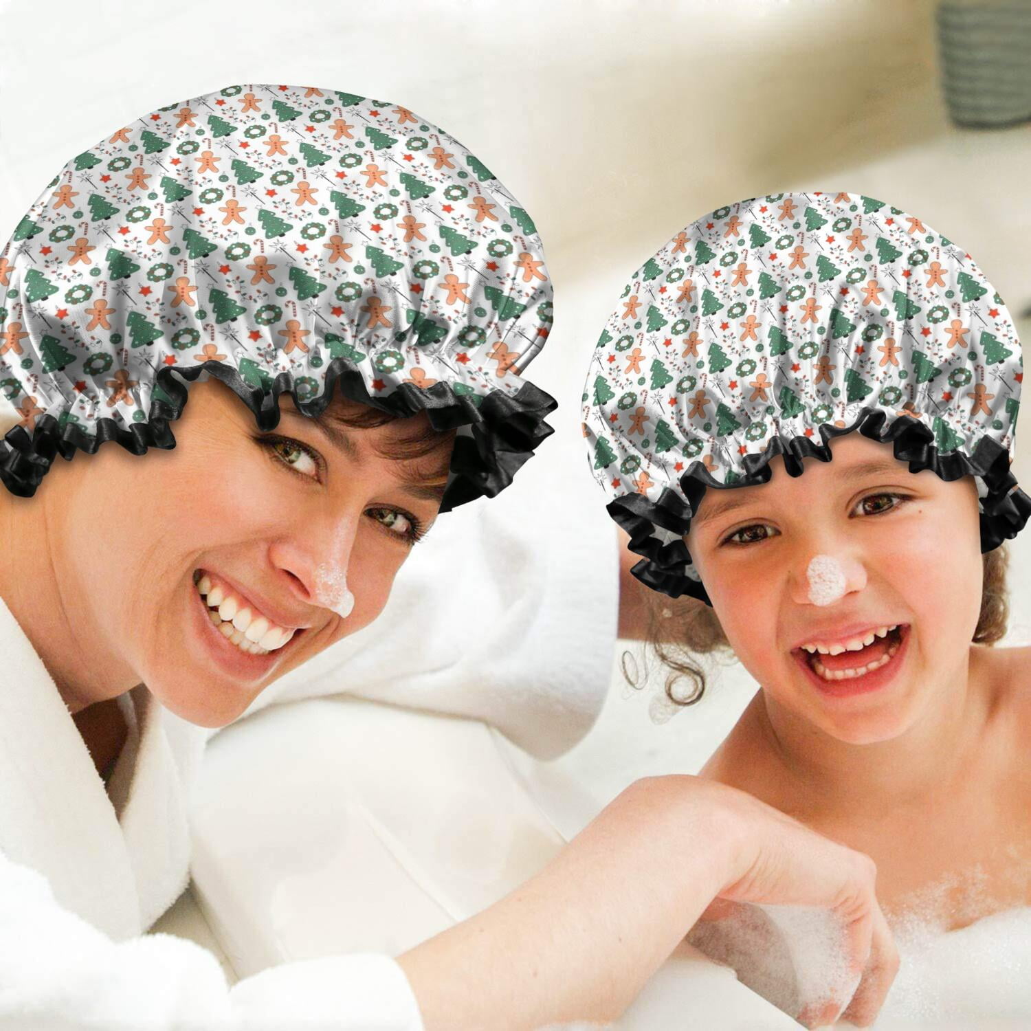 Shower Caps,White Christmas Gingerbread and Tree Pattern Waterproof Shower Cap for Women 4 Pieces,Double Reusable Hair Cover for Shower PEVA Elastic Stretch Hem