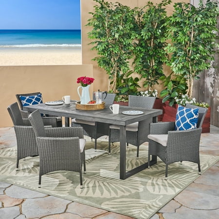 Jack Outdoor 7 Piece Acacia Wood Dining Set with Wicker Chairs and Cushions Sandblast Dark Grey Gray Silver