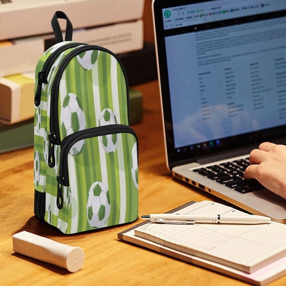 Backpack Pencil Case, 3 Compartment Large Capacity Oxford Fabric Pencil Pouch / Green Footballs Pattern