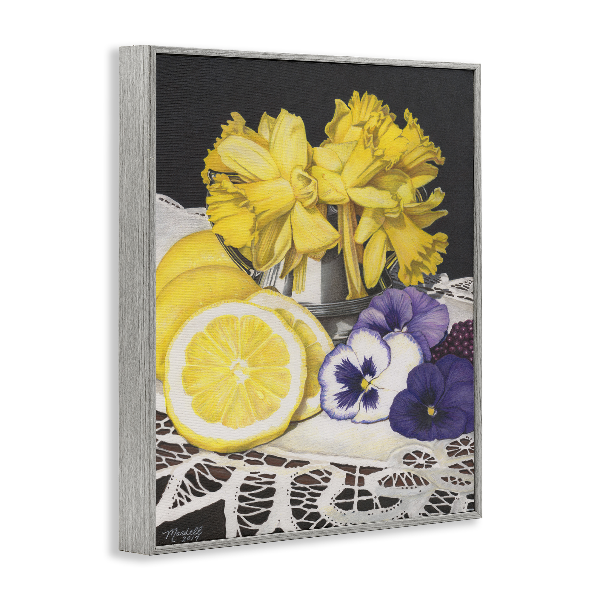 Stupell Industries Daffodils & Lemons Still Life Food & Beverage Painting Gray Framed Art Print Wall Art, 11 x 14