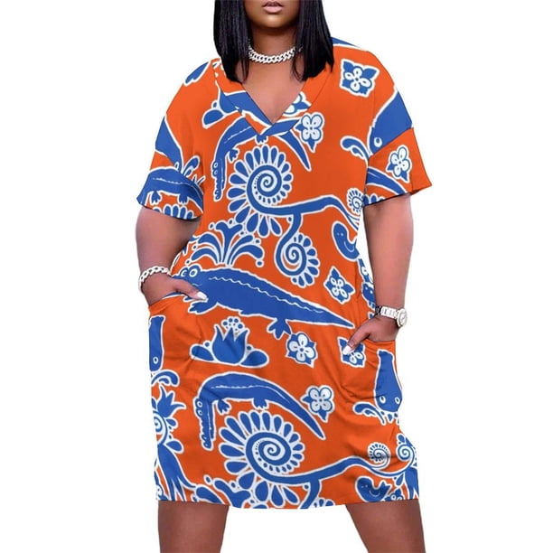 Vestido holgado con bolsillos en naranja y azul Gator Toile para mujer, ropa de fiesta, vestidos de mujer