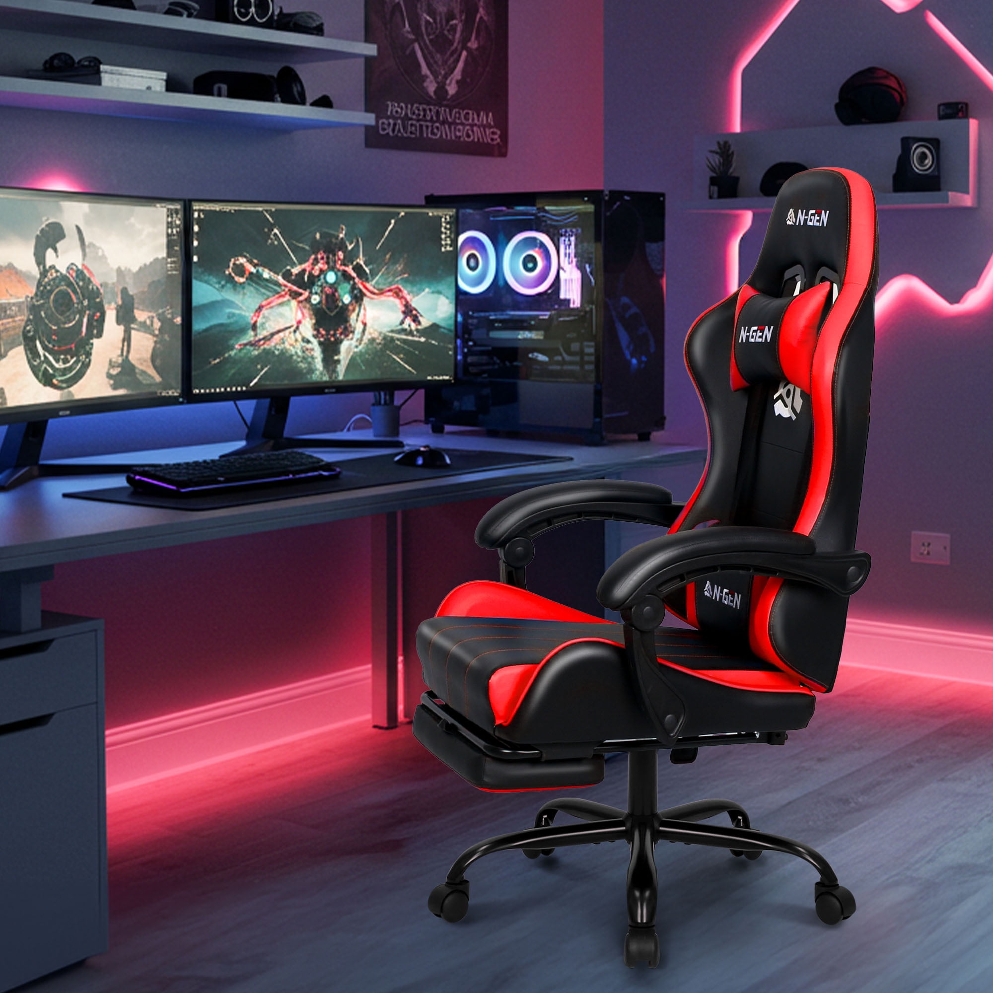 CELTOSS Red Office Gaming Chair with Footrest & Lumbar Support, Ergonomic Adjustable Computer Chair with Swivel Seat & Headrest