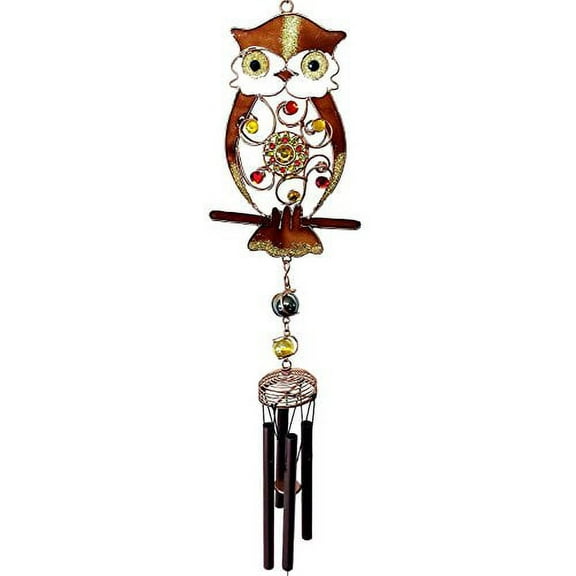 Whimsical Gemstone Hoot Owl Resonant Relaxing Copper Wind Chime Garden Patio