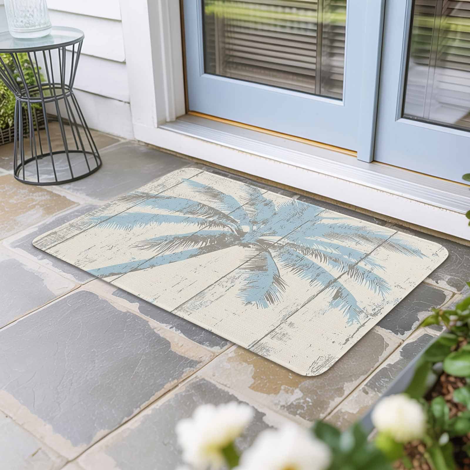 Blue Palm Tree Doormat Outdoor Entrance 16"x24", Tropical Beach Antique Wood Grain Summer Absorb Moisture Dirt Door Mats, Non-Slip Rubber Backing Floor Mats Indoor, Low-Profile Front Door Rugs