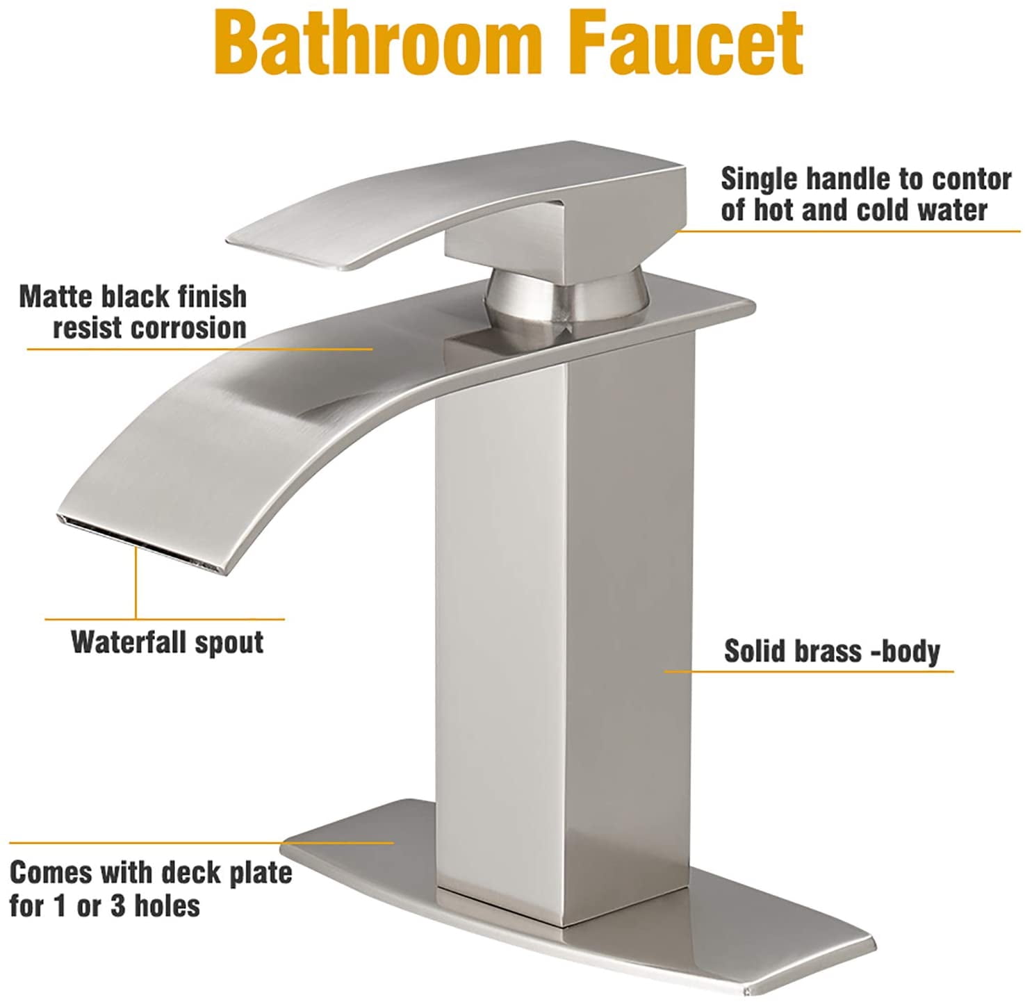 Brushed Nickel Waterfall Bathroom Vanity Sink Faucet with 6" Deck Plate for 1 or 3 Hole