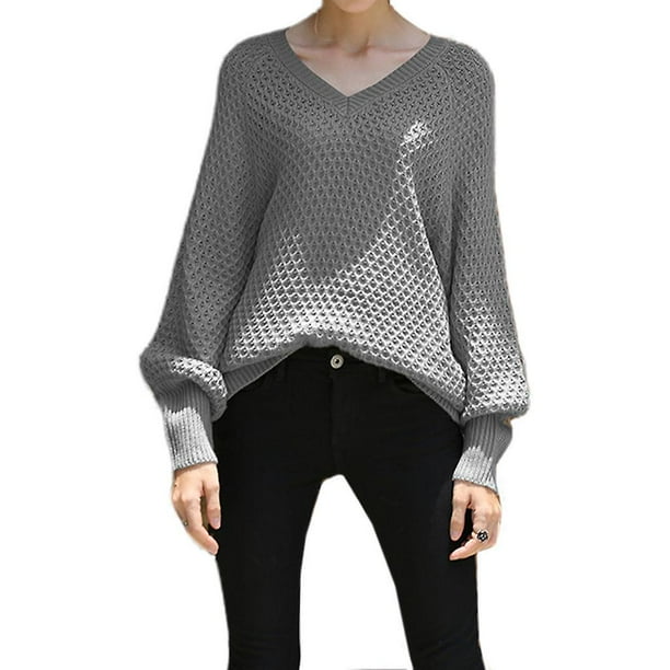 Orange Suéter liso con mangas abullonadas para mujer, Jersey holgado de punto tipo gofre con cuello en V, Tops tipo túnica
