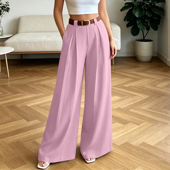 ABSUYY Womens High Waisted Pleated Wide Leg Trousers Hot Pink Loose Fit Work Pants with Pockets Business Casual Office Pants,Size L