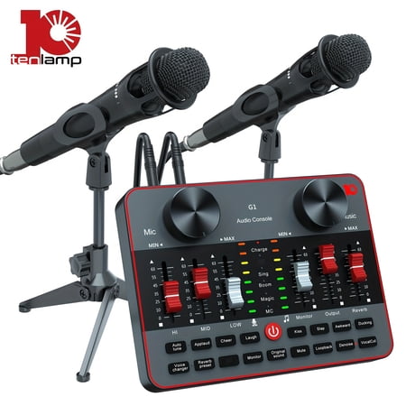 [All-in-One] Podcast Equipment Bundle | 2 Condenser Microphones | All-in-One Audio Interface DJ Mixer | Live Sound Card | Recording Studio Kit | Singing Broadcast, Live Streaming, Gaming