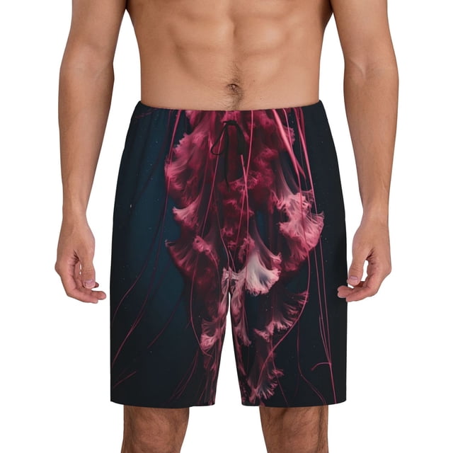 Balery Mesmerizing Pink Jellyfish Pantalones cortos de pijama de punto de algodón para hombre con cinturilla y bolsillos-Small