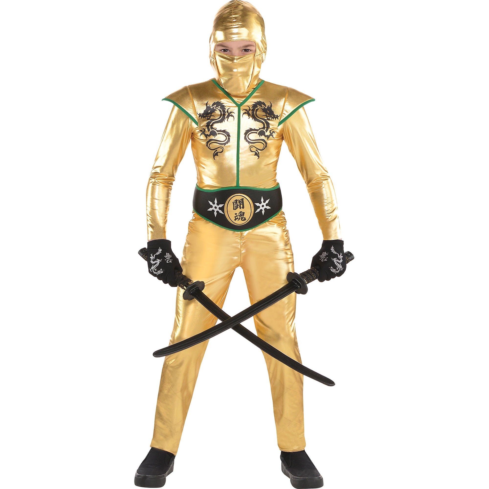 Boys Kids Childrens Black Gold Ninja Fighter Halloween Fancy Dress Costume 4-12