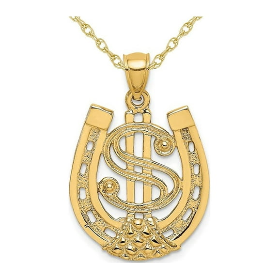 14K Yellow Gold Dollar Sign In Horseshoe Charm Pendant Necklace with Chain for Men