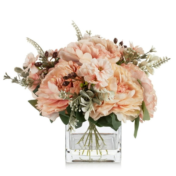 ENOVA FLORAL Artificial Flower Arrangement with Vase,Mixed Artificial Silk Peony Flower in Vase for Decoration Home Office, Wedding Centerpiece