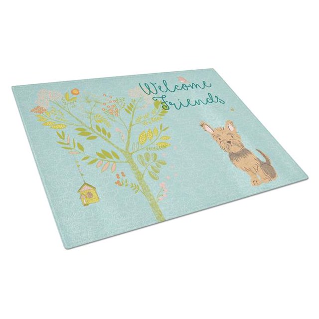 Carolines Treasures BB7641LCB Welcome Friends Yorkie Glass Cutting Board, Large