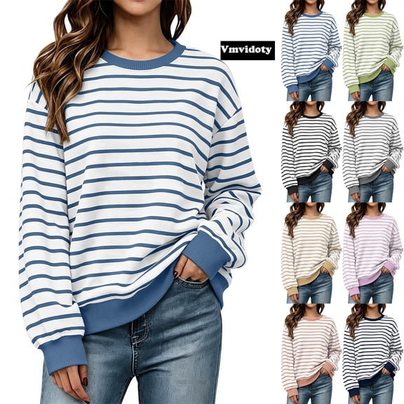 Women's Oversized Striped Sweatshirt Fleece Long Sleeve Color Block Crew Neck Shirt Loose Soft Casual Pullover Top Blue L