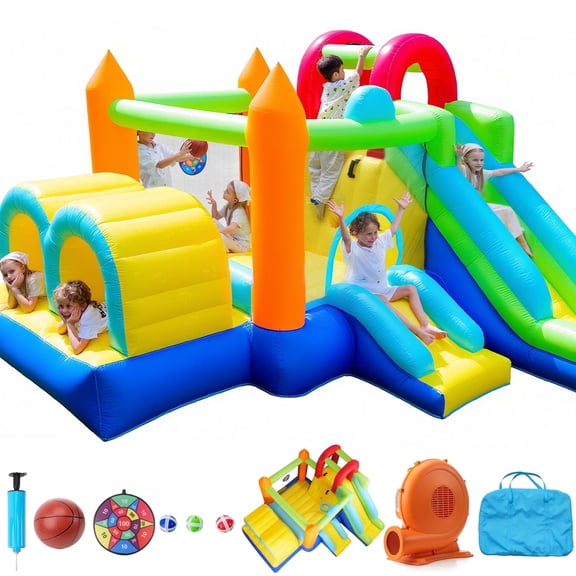 Inflatable Bounce House, 7 in 1 Large Bounce Castle for Kids 3-10, Backyard Jumping Bouncy Castle with Long Slide, Climbing Wall, Tunnel, Trampoline, Children's Outdoor Party - with Blower