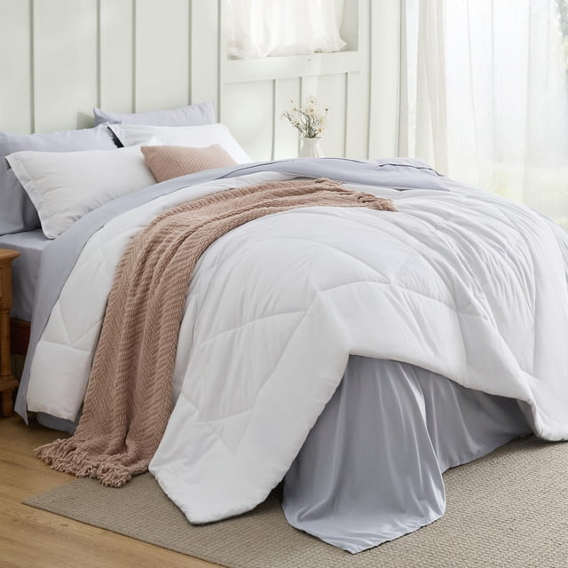 Juego de edredón Bedsure King reversible blanco/gris de 7 piezas