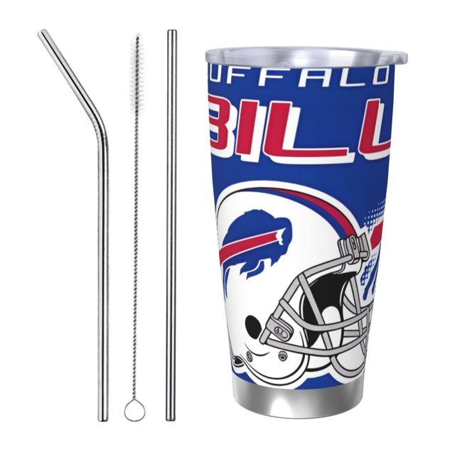 Taza térmica duradera de acero inoxidable 304 con tema del equipo de fútbol Bills con tapa y pajita Taza térmica de acero inoxidable de 20 oz Taza para automóvil Adecuada para bebidas frías y