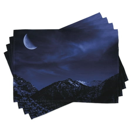 

Night Placemats Set of 4 Snow Covered Mountain Peaks Winter Trees Scenic Landscape with Moon Sky Washable Fabric Place Mats for Dining Room Kitchen Table Decor Dark Blue Black Coconut by Ambesonne