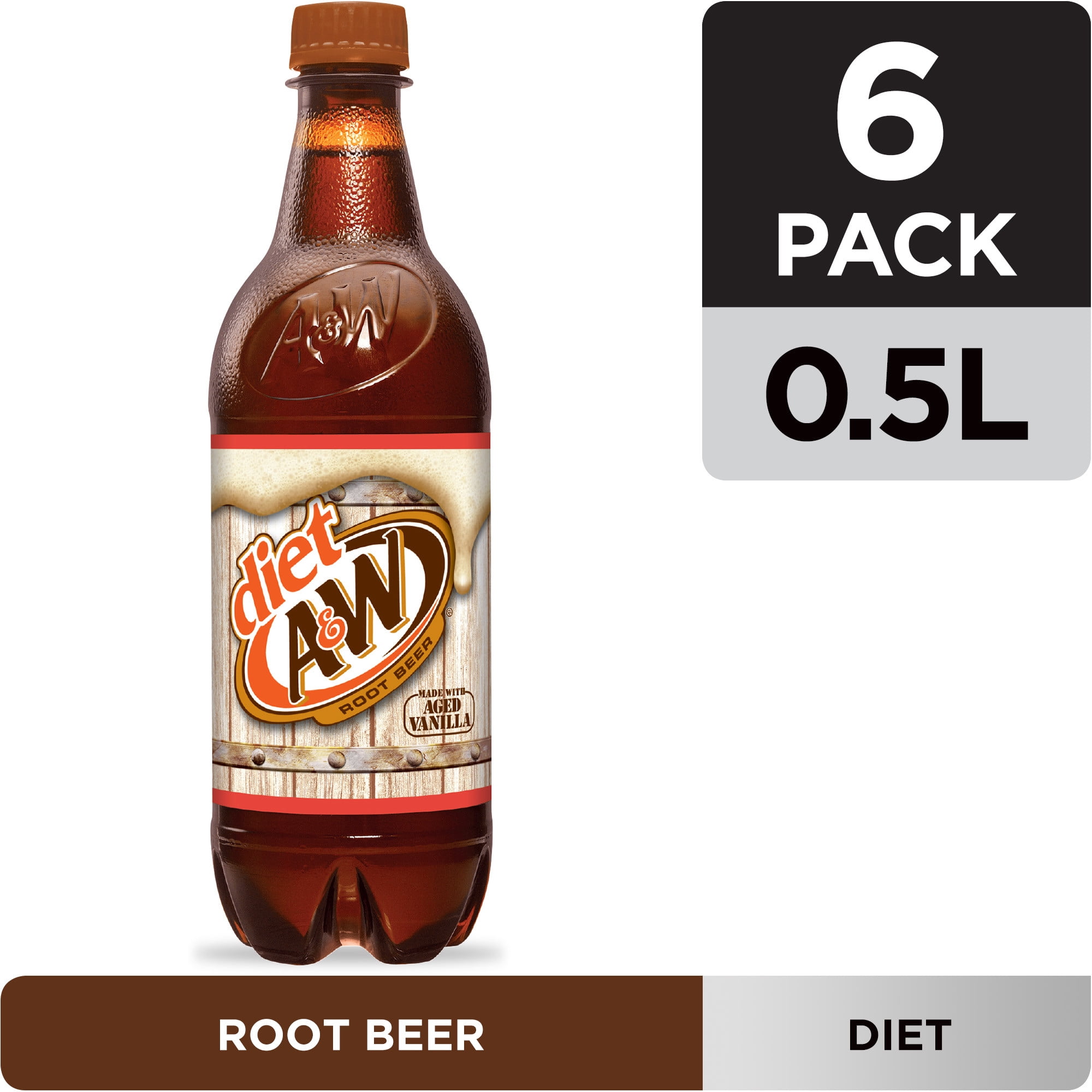Diet A&W Root Beer, .5 L bottles, 6 pack