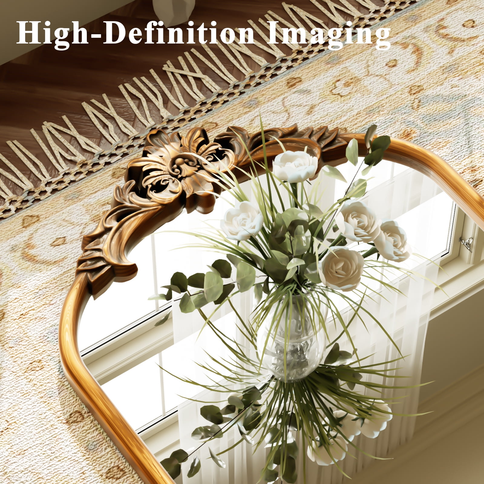 Easy4Home 71"x32" Arched Full-Length Floor Mirror Smooth Arch Top Floral Crest Standing Mirror, Antique Gold