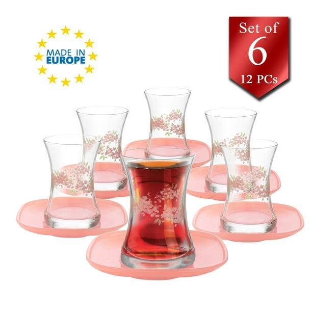 LAV Authentic Turkish Tea Glasses with Pink Saucers 12 Pcs, Traditional Teacups and Plates Set