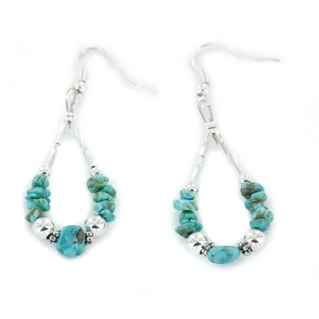 Turquoise Earrings Native Certified Authentic .925 Sterling Silver Hooks Dangle Natural Turquoise Hoop Native American Earrings ()