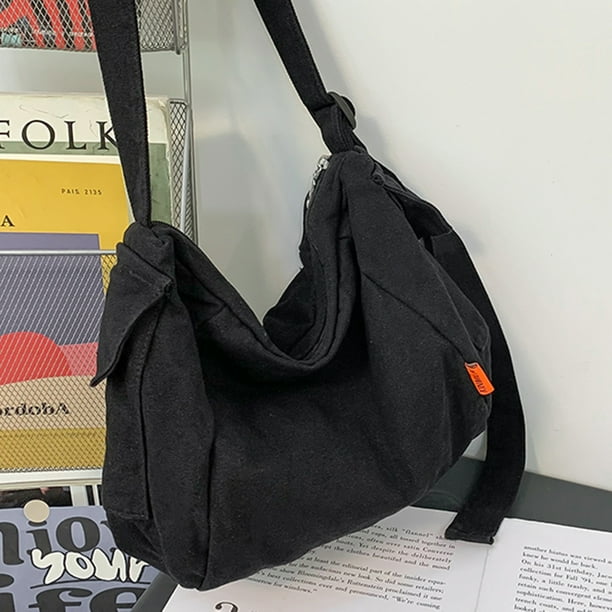 Bolso bandolera de lona para mujer Bolso de hombro de gran capacidad Simple para el trabajo (Negro)