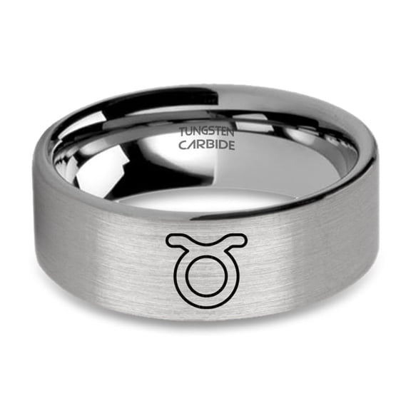 Taurus Bull Astrology Sigil Engraved Brushed Silver Tungsten Ring, 8mm, Size 15