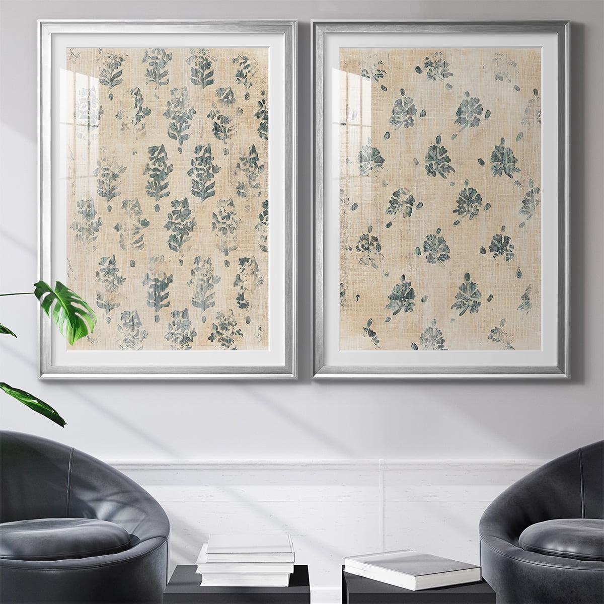 Wexford Home Vintage Blockprint I Premium Framed Print, 22.5" x 30.5" - Ready to Hang, Silver (Set of 2)