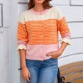 thumbnail image 2 of PBFRDSJ Women’s Striped Open Front Cardigan Long Sleeve Crew Neck Button Down Knit Sweater Retro Casual Wool Tops, 2 of 9
