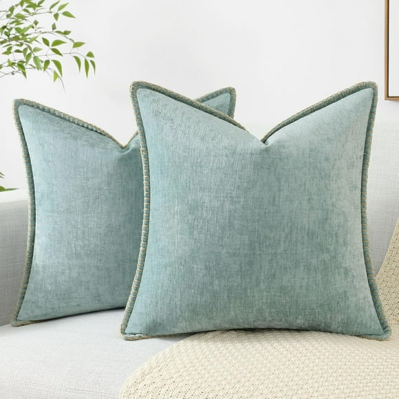 HWZWT 18x18 Set of 2 Light Green 18x18 with Stitched Edge Chenille Soft Throw Pillow Cover Farmhouse Velvet Decorative Throw Pillow Cover Set of 2