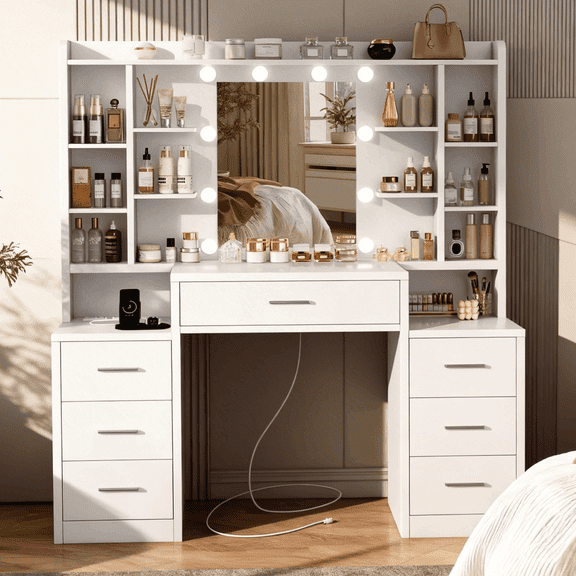 Vanity Set with Mirror &  Lights, Makeup Vanity Desk with 7 Drawers and 8 storage shelves, Vanity Table with Power Outlet, For Bedroom, White