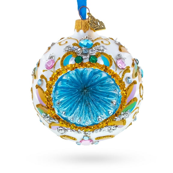 Retro Style White and Gold Reflector with Glitter, Gems & Indent Center Glass Christmas Ornament