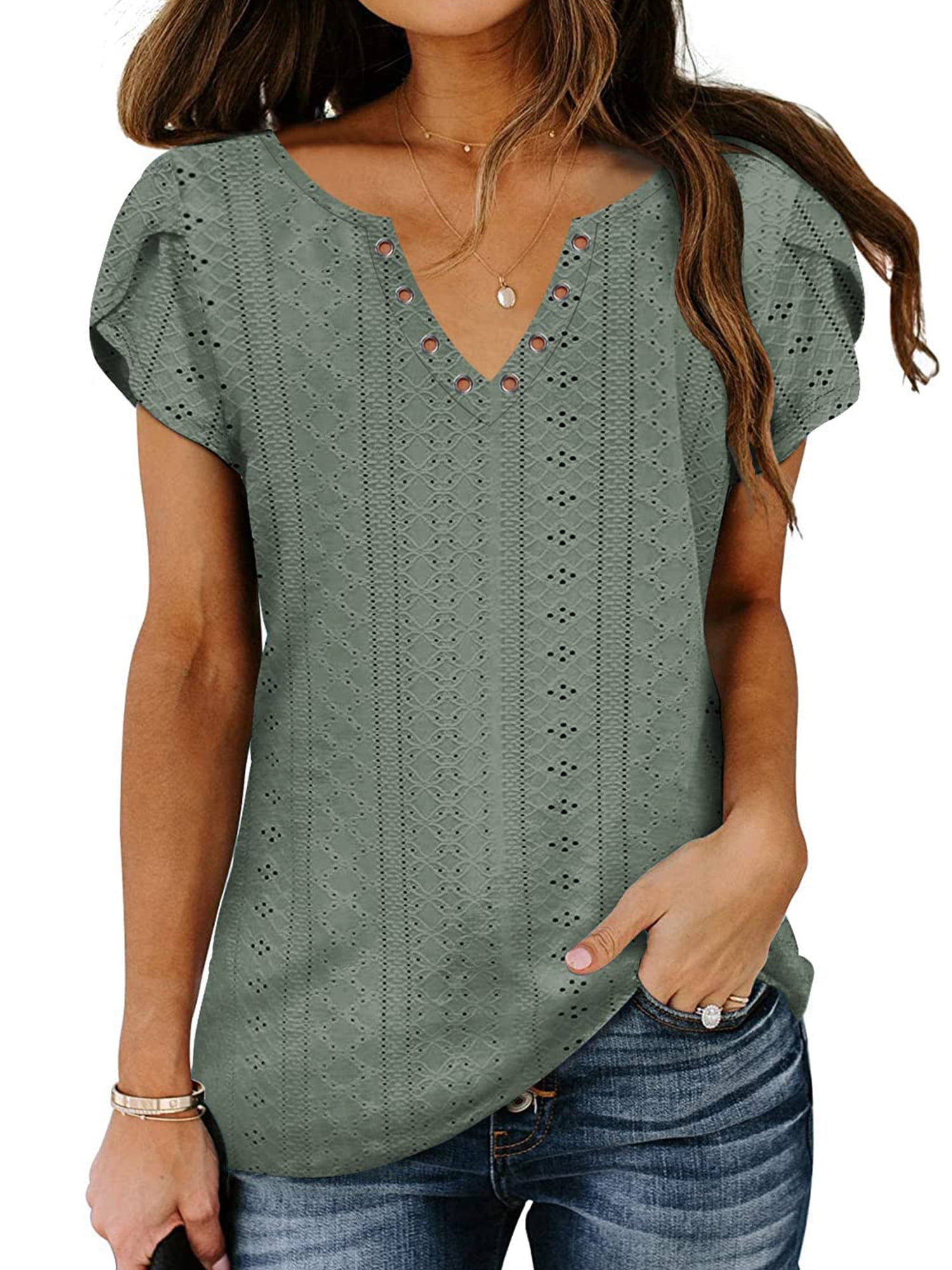 TEMOFON Women Tops Summer T-Shirts Short Sleeve Casual V Neck Tops Dressy Ruffle Sleeve Tunic Tops Cute Loose Ladies Tops Women Blouses Green XL