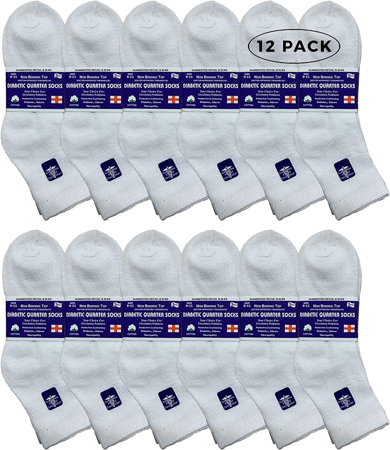 SOCKS'NBULK 12 Pairs Value Pack of Men and Women Diabetic Nephropathy and Edema Ankle, Ring Spun Cotton Socks