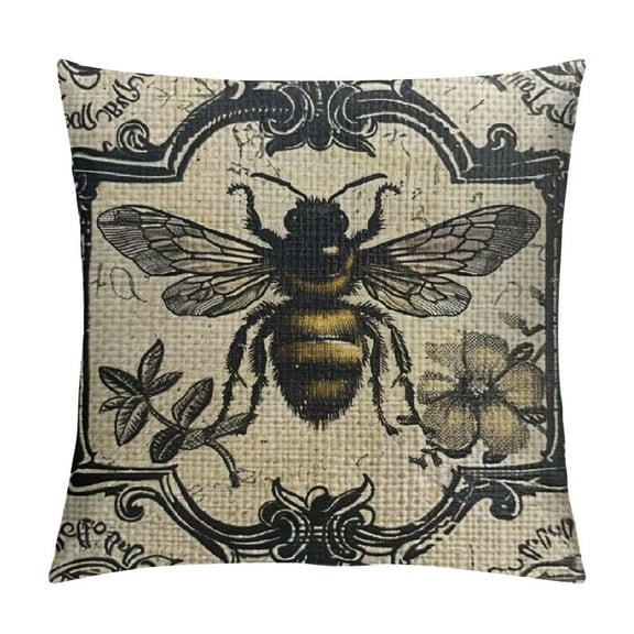 Decorative Throw Pillow Cove Vintage Black Bee Farmhouse Decor Cushion Case Square Shape PL