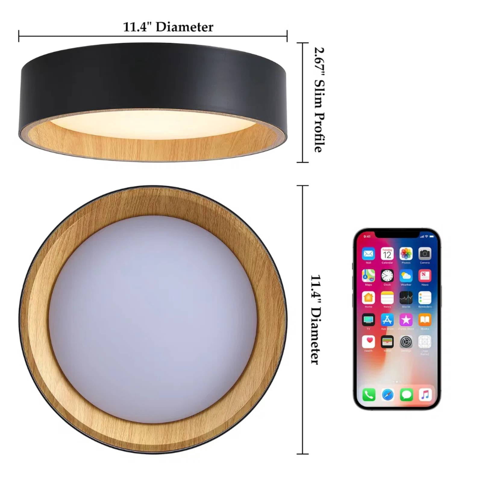 Modern Wood Grain LED Flush Mount Ceiling Light, Dimmable 3CCT 3000K-5000K, 25W 1000LM
