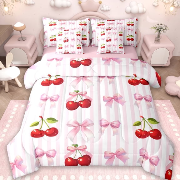 Erosebridal Pink Bowknot Kids 7-Piece Twin Bedding Sets,Red Cute Cherry Bedding Comforter Set For Girls,Reversible pink