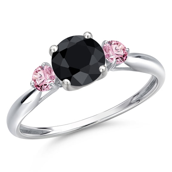 Gem Stone King 10K White Gold Black Sapphire and Pink Lab Grown Diamond 3-Stone Ring for Women | 1.41 Cttw | Round 6MM | Gemstone September Birthstone | Size 7
