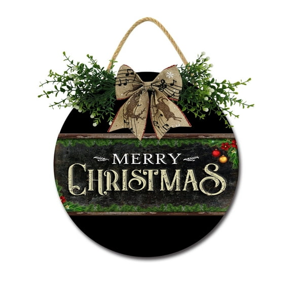 Merry Farmhouse Christmas Sign for Front Door Decorations, Rustic Round Wood Holiday Sign, Front Door Wreath Burlap Wooden Hanging Signs for Outdoor Farmhouse Porch Home Christmas Holiday Decor