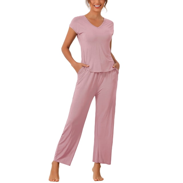 Conjunto de pijama de modal casual de manga corta para mujer 2 piezas, ropa de estar en casa, pantalones largos, sudadera S rosa