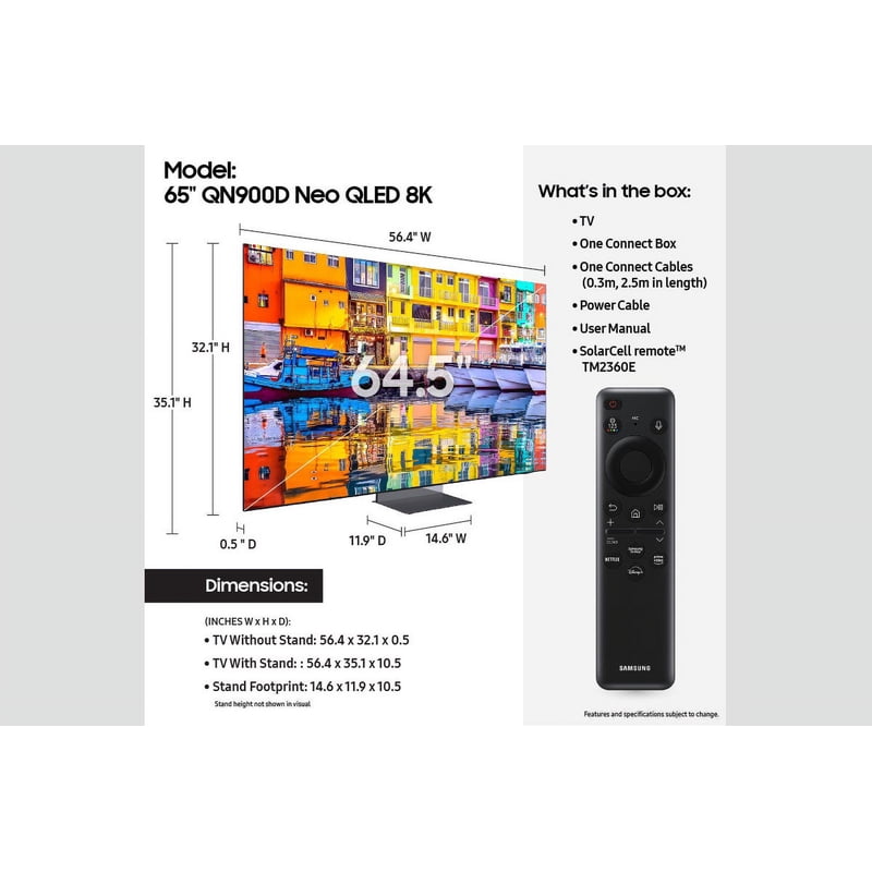 SAMSUNG 65" Class QN900D Neo QLED 8K Smart TV QN65QN900DFXZA 2024 display and camera view